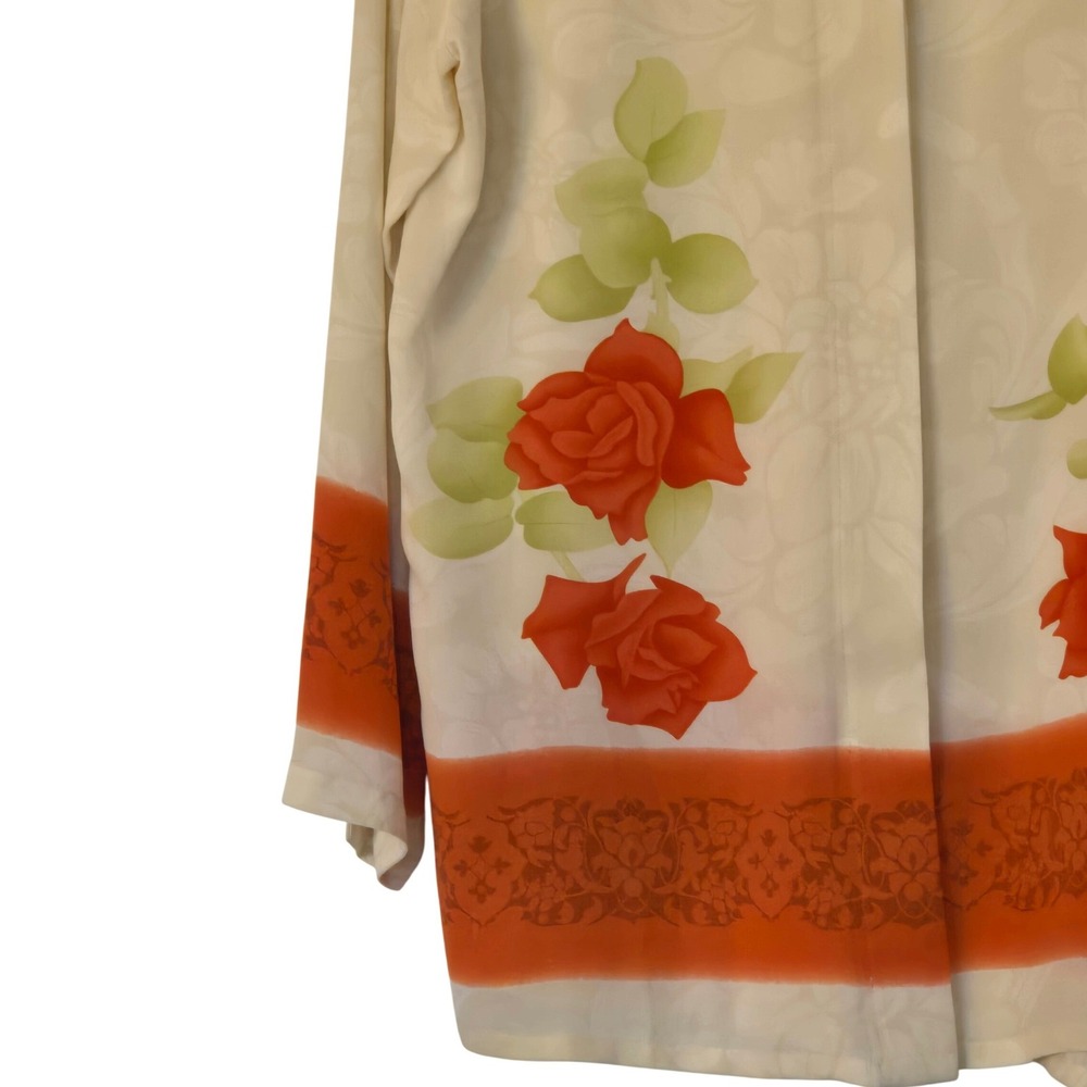 Harari 100% Silk Floral Blouse Hidden Button Cream Orange Size L - Picture 8 of 16